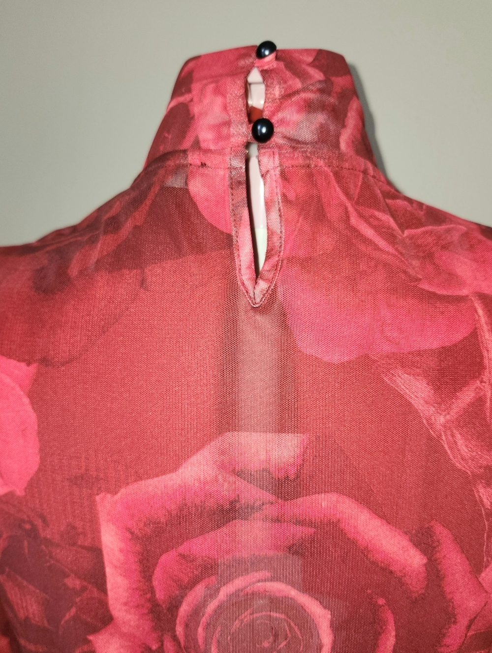 Red Rose Motif Sheer Mesh Mockneck Top With Attached Camisole - Picture 3 of 5